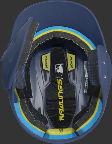 Inside of a MACHEXTL Rawlings MACH baseball helmet with IMPAX durable foam padding