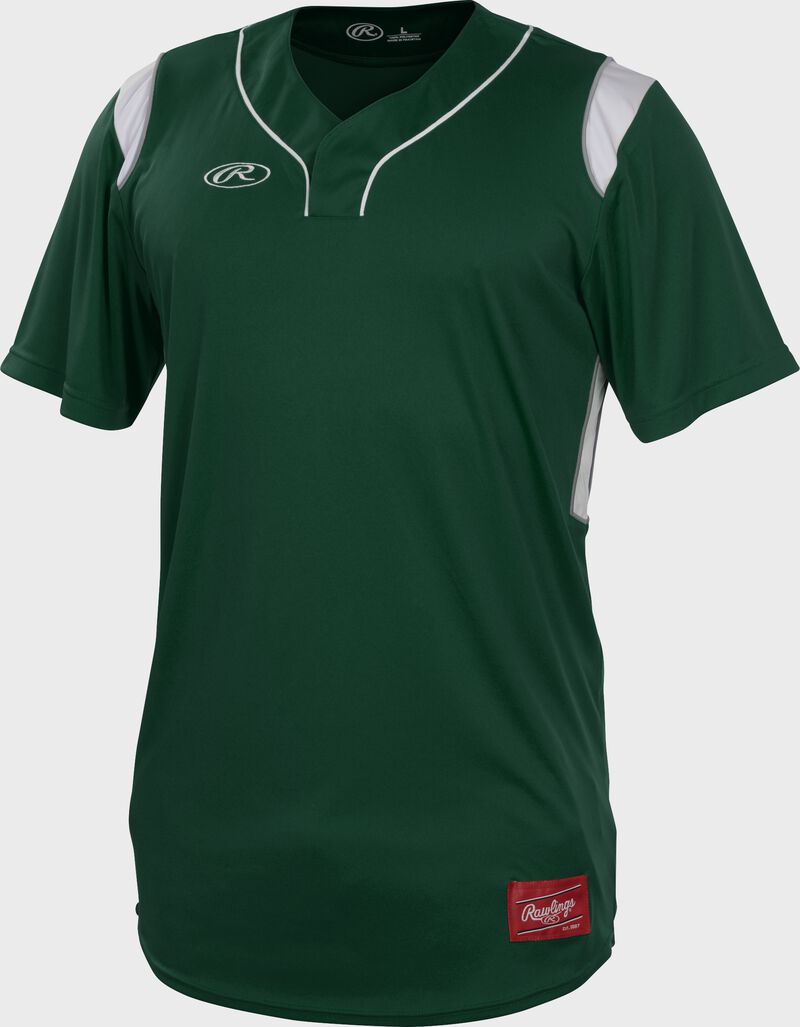 A dark green Rawlings short sleeve hidden button jersey with white shoulder inserts - SKU: HBJ-DG loading=