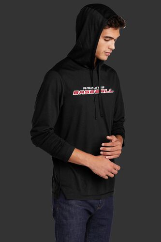 A man wearing a black Rawlings performance hoodie with the hood up over his head - SKU: RSGLH-B