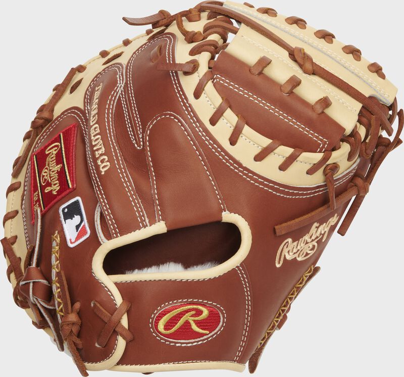 Bruciato back of a 2022 33-Inch Pro Preferred catcher's mitt with a red Rawlings patch - SKU: PROSCM33BRC loading=