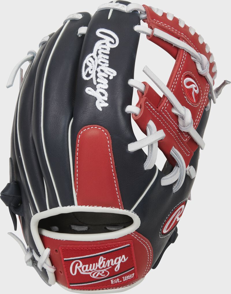 Shell back view of black, red, and white 2022 Breakout 11.25-inch Youth infield glove