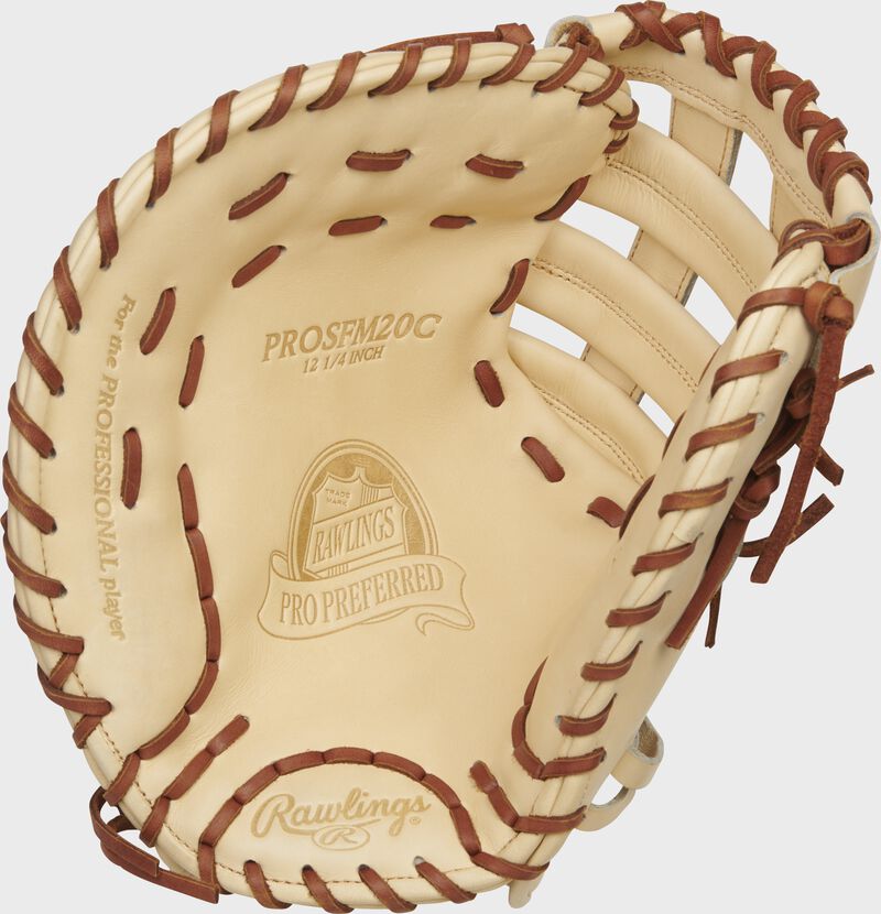 Palm of a camel left handed Rawlings Pro Preferred 1st base mitt with tan laces - SKU: PROSFM20CPRO-RH