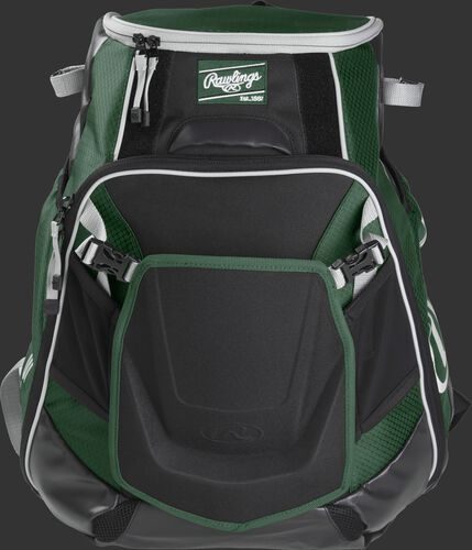 Front of a dark green VELOBK Velo backpack with dark green trim and a dark green Rawlings patch