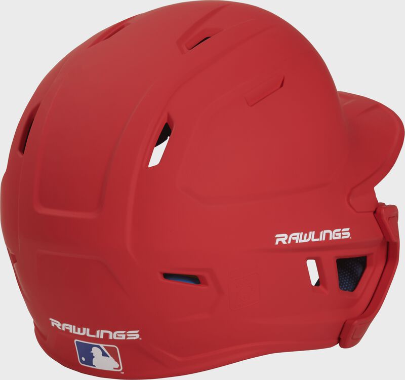 Back right of a matte scarlet MACHEXTL Rawlings junior size batting helmet loading=