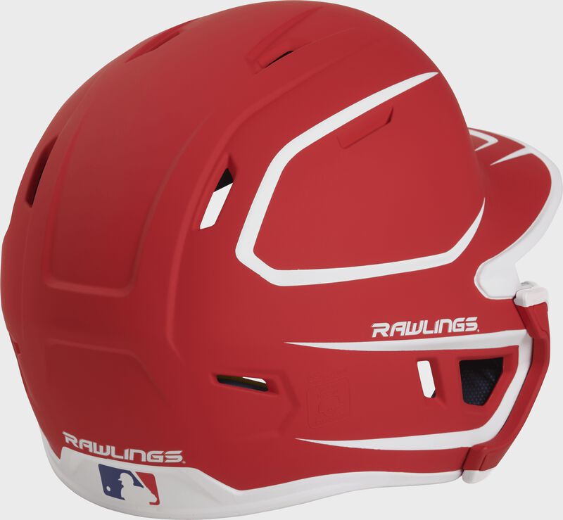 Back right of a two-tone matte scarlet/white MACHEXTR Rawlings junior size batting helmet