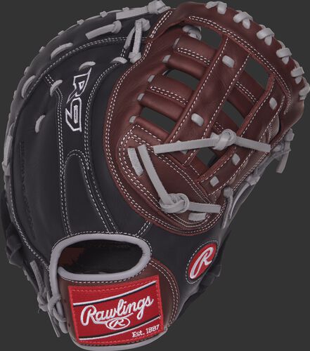 R9FM18BGS 12.5-inch R9 series first base mitt with a black back and dark sherry trim