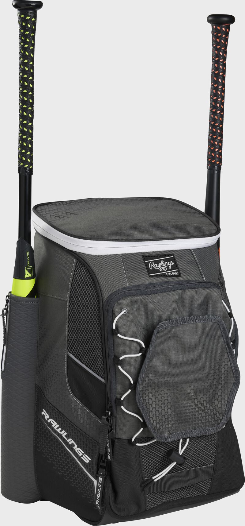 Front left angle of a black Rawlings Impulse baseball gear backpack with two bats - SKU: IMPLSE-B