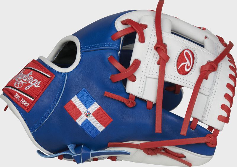 A royal/white PRO204W-2DR HOH Dominican Republic infield glove with a white I-web and DR flag on the thumb