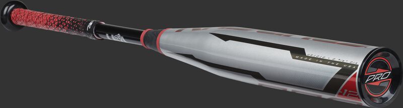 Angled view of a Rawlings -12 Quatro Pro USA baseball bat with a silver barrel - SKU: US1Q12