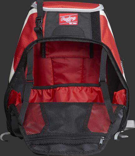 An open R500 Rawlings Players equipment backpack with scarlet interior