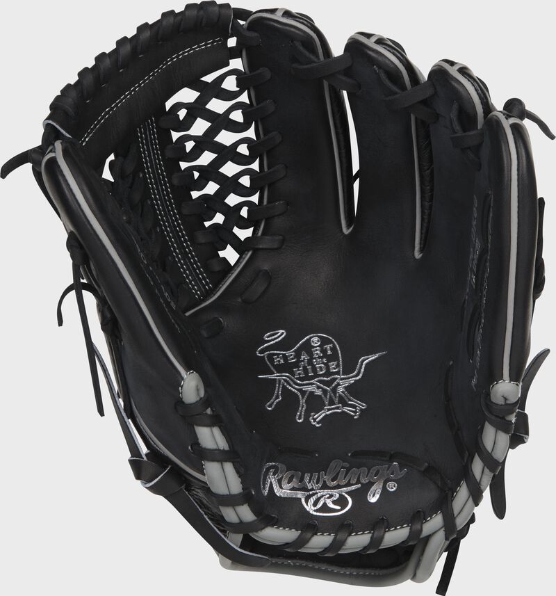 Black palm of a Rawlings Dallas Keuchel glove with silver stamping and black laces - SKU: RSGPRO206-DK60