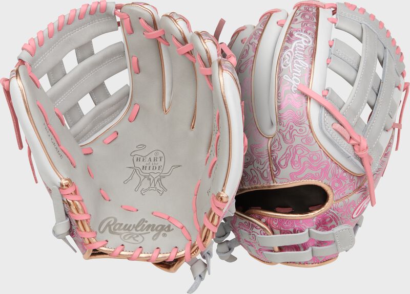 Two images showing the palm & back of a Heart of the Hide 11.75-inch Foil Print Fastpitch Softball Glove