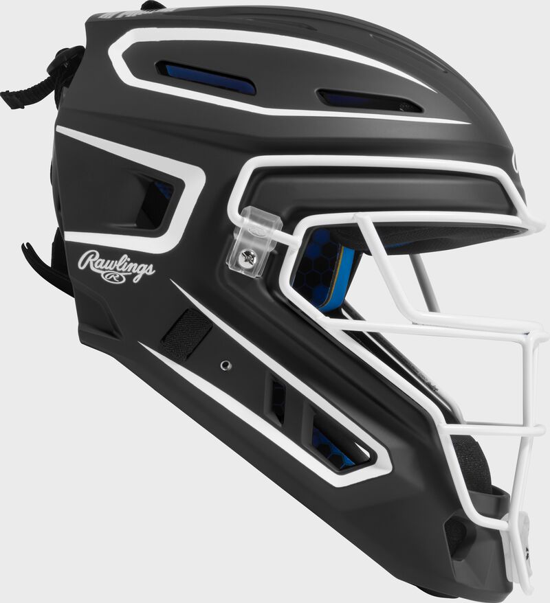 Right side of a black Rawlings Mach Pro Series catcher's helmet loading=