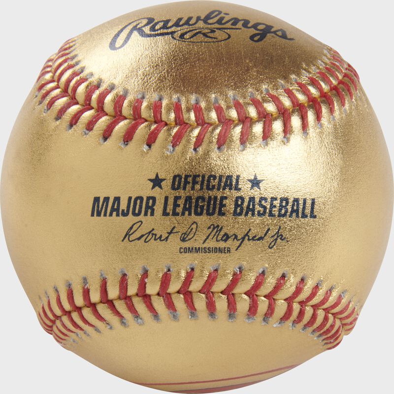 A Cincinnati Reds Rawlings Gold MLB team baseball with the official ball MLB stamp - SKU: RSGEA-GOLDCIN-R loading=