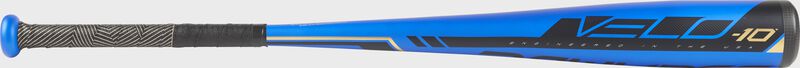 Barrel of a US9V10 2019 Velo Hybrid USA baseball bat with a blue barrel and black accents