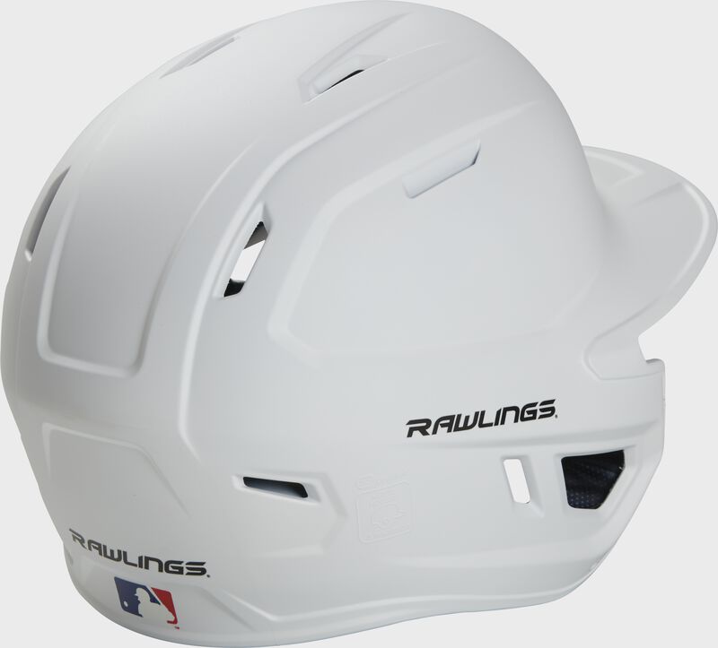 Back right of a matte white MACHEXTR Rawlings junior size batting helmet 