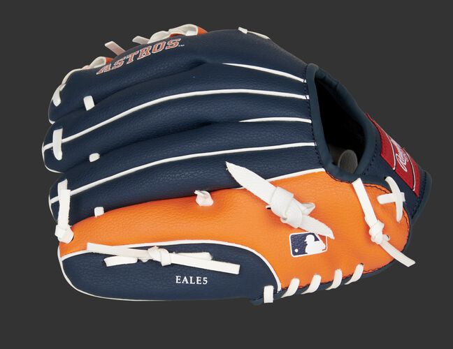Navy/orange back of a Rawlings Houston Astros glove with the MLB logo on the pinky - SKU: 22000002111