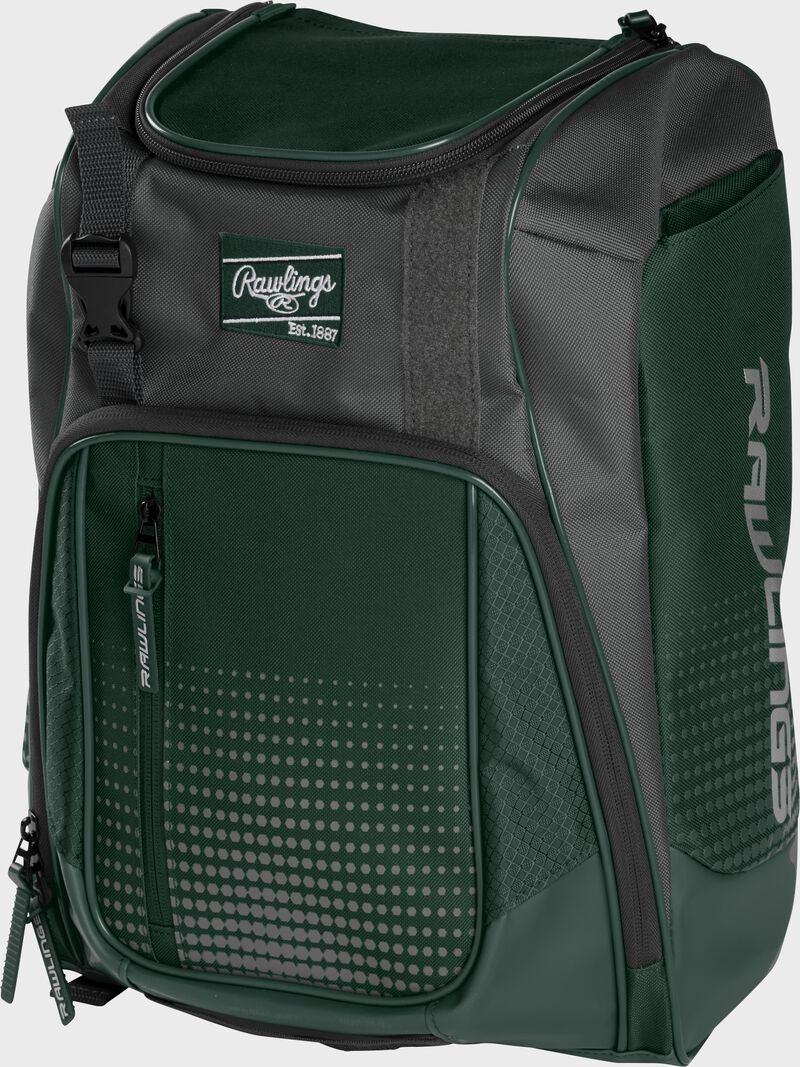 Front angle of a dark green Franchise backpack with gray accents and dark green Rawlings patch logo - SKU: FRANBP-DG