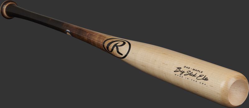 Angled view of a natural colored Big Stick Elite Maple bat with a cupped end - SKU: 243RMF