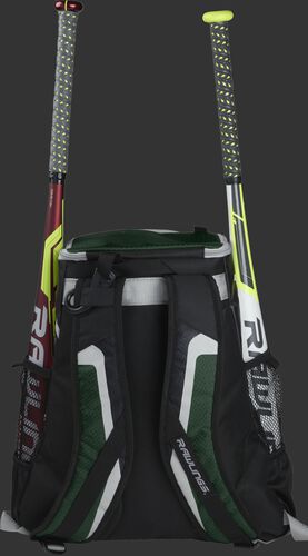 Back of a black/dark green R500 team backpack with two bats in the side sleeves