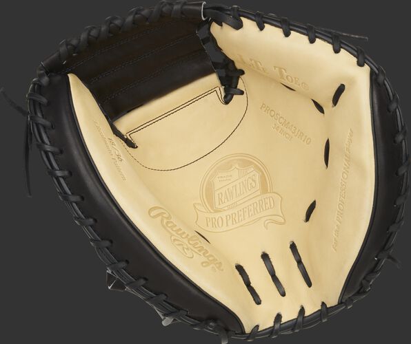 Camel palm of a Rawlings J.T. Realmuto catcher's mitt with black laces - SKU: PROSCM43JR10