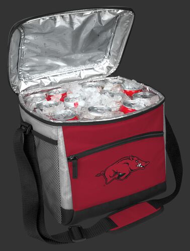An open Arkansas Razorbacks 24 can cooler filled with ice and drinks - SKU: 10223069111