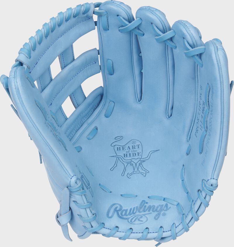 Columbia blue palm of a Rawlings Heart of the Hide R2G outfield glove with Columbia blue laces - SKU: PROR3319-6CB