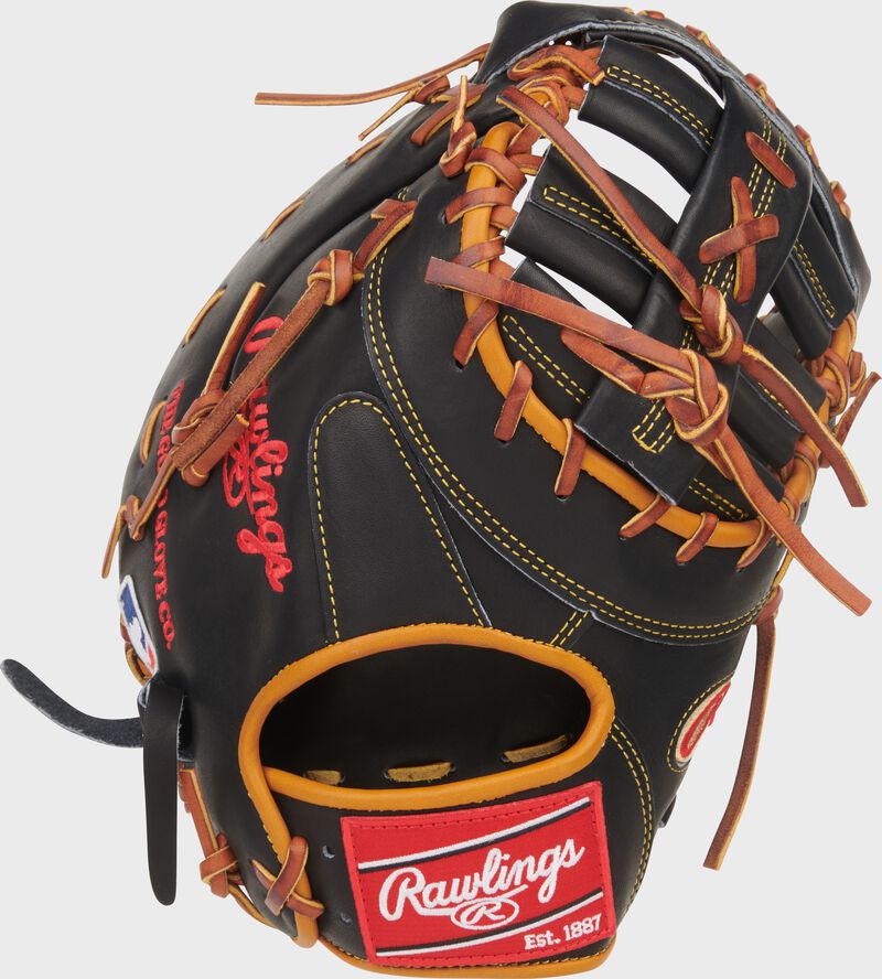 Back of a black Rawlings Gameday 57 Series Paul Goldschmidt Heart of the Hide 1st base mitt with a red Rawlings patch