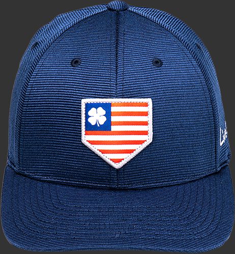 Front of a navy Rawlings Black Clover All Star fitted hat with a red, white and blue home plate logo - SKU: BCR1ASN0071