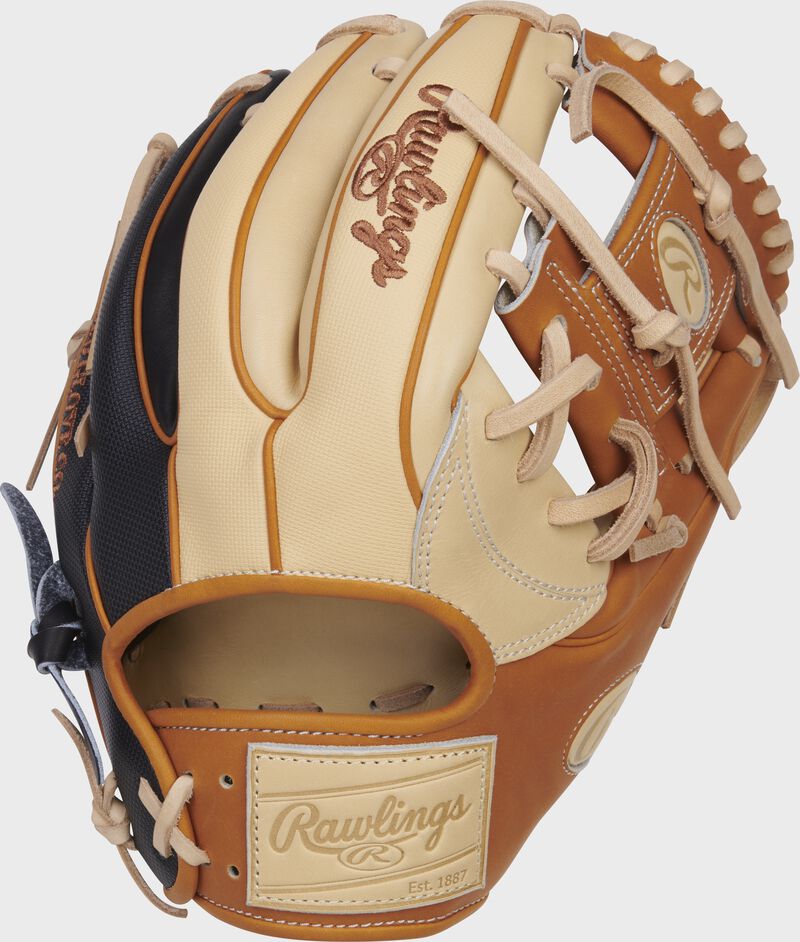 Speed Shell back of a Pro Label 6 11.5-Inch infield glove with a camel leather patch - SKU: PRO934-2CTB