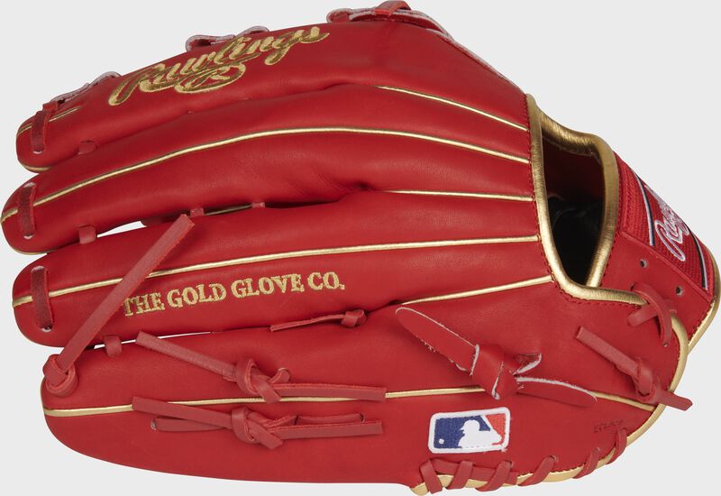 Pinky back view of scarlet red Gameday 57 Series Joey Gallo Heart of the Hide glove loading=