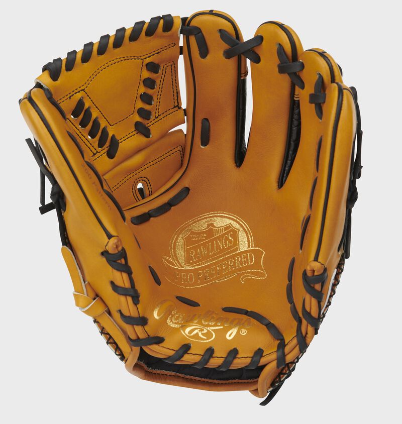 Tan palm of a Pro Preferred infield/pitcher's glove with gold stamping, tan web and black laces - SKU: PROS205-30TC
