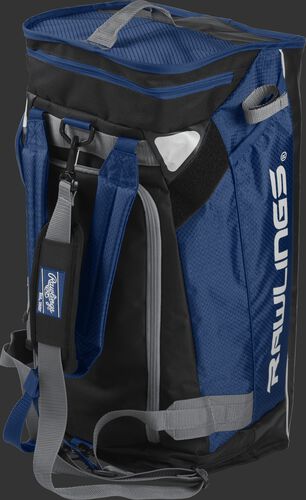 A navy R601 Rawlings hybrid duffel bag stood up like a backpack