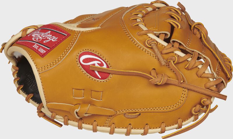 Thumb view of a rich tan PROSCM43RT 34-inch Rawlings Pro Preferred catcher's mitt with a rich tan one-piece solid web