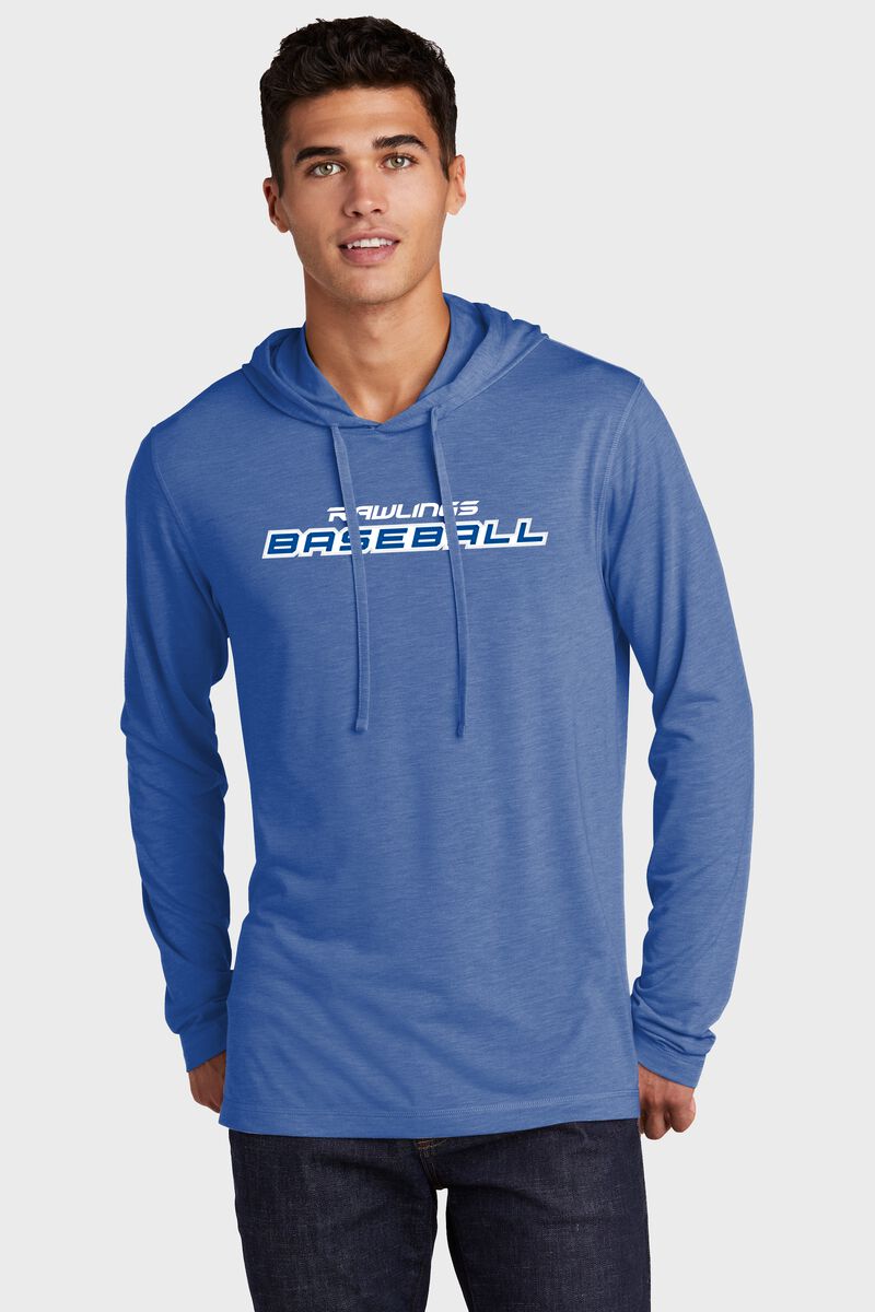 A man wearing a royal lightweight Rawlings Baseball performance hoodie - SKU: RSGLH-R