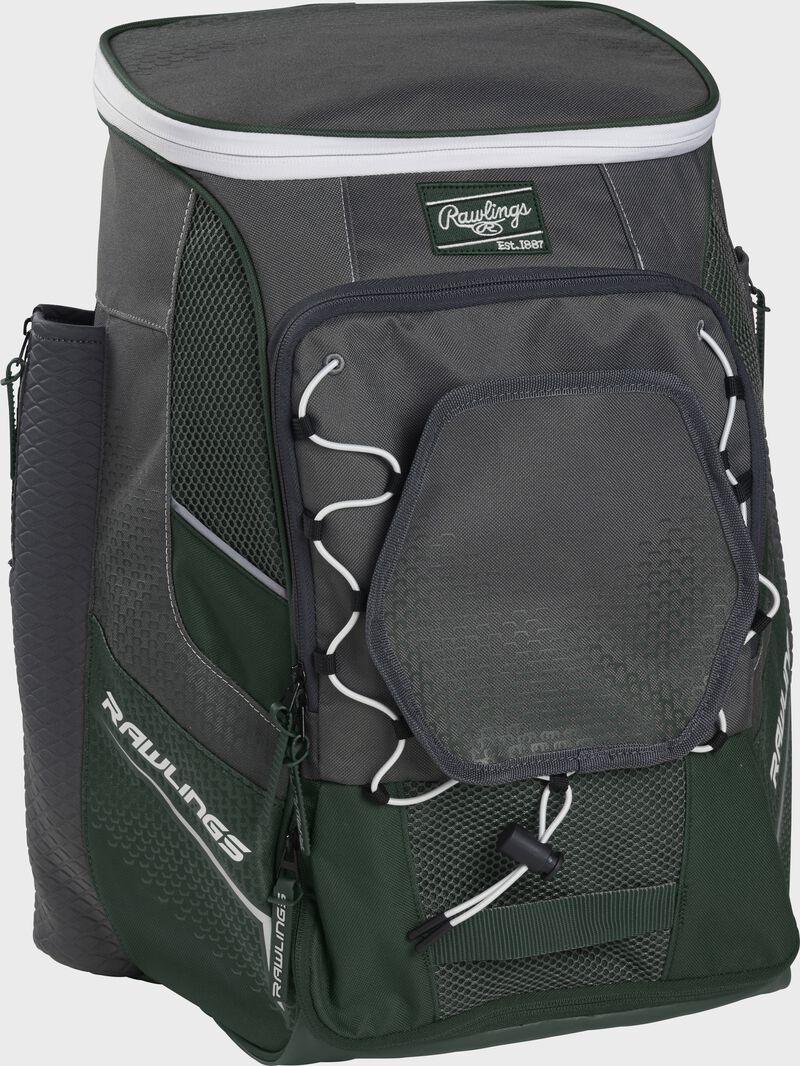 Front left angle of a dark green Rawlings Impulse bag with gray accents - SKU: IMPLSE-DG loading=