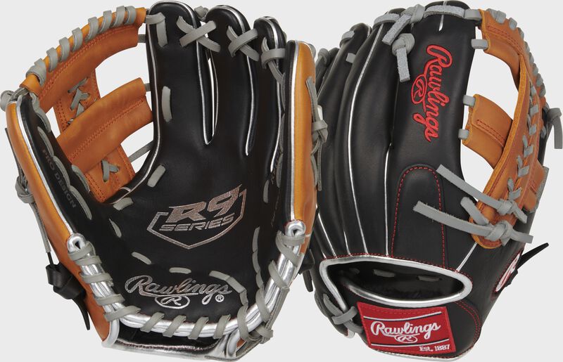 Front and Back of a Rawlings R9 ContoUR 11" infield glove - SKU: R9110U-19BT loading=