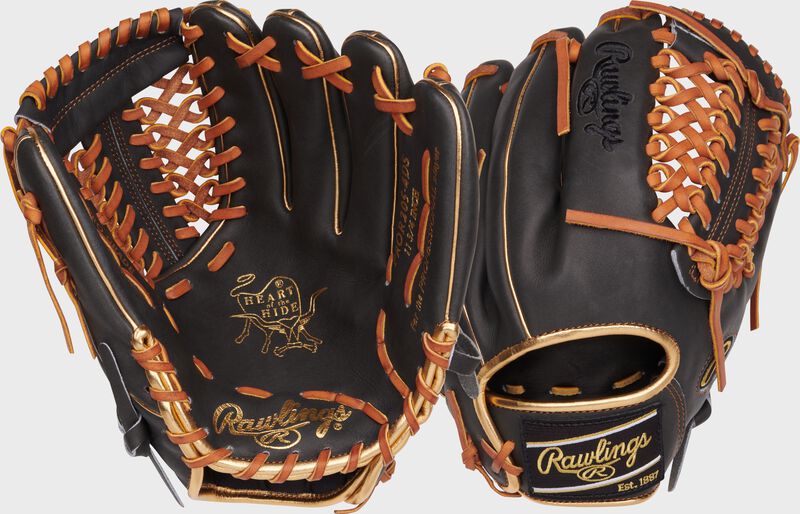 Two images showing the palm & back of a dark shadow Heart of the Hide 11.75" infield/pitcher's glove