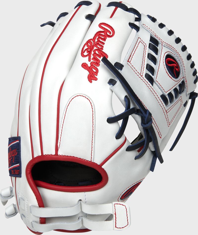 Back of a white 12-Inch Liberty Advanced infield/pitcher's softball glove with a pull-strap back - SKU: RLA120-31WNS