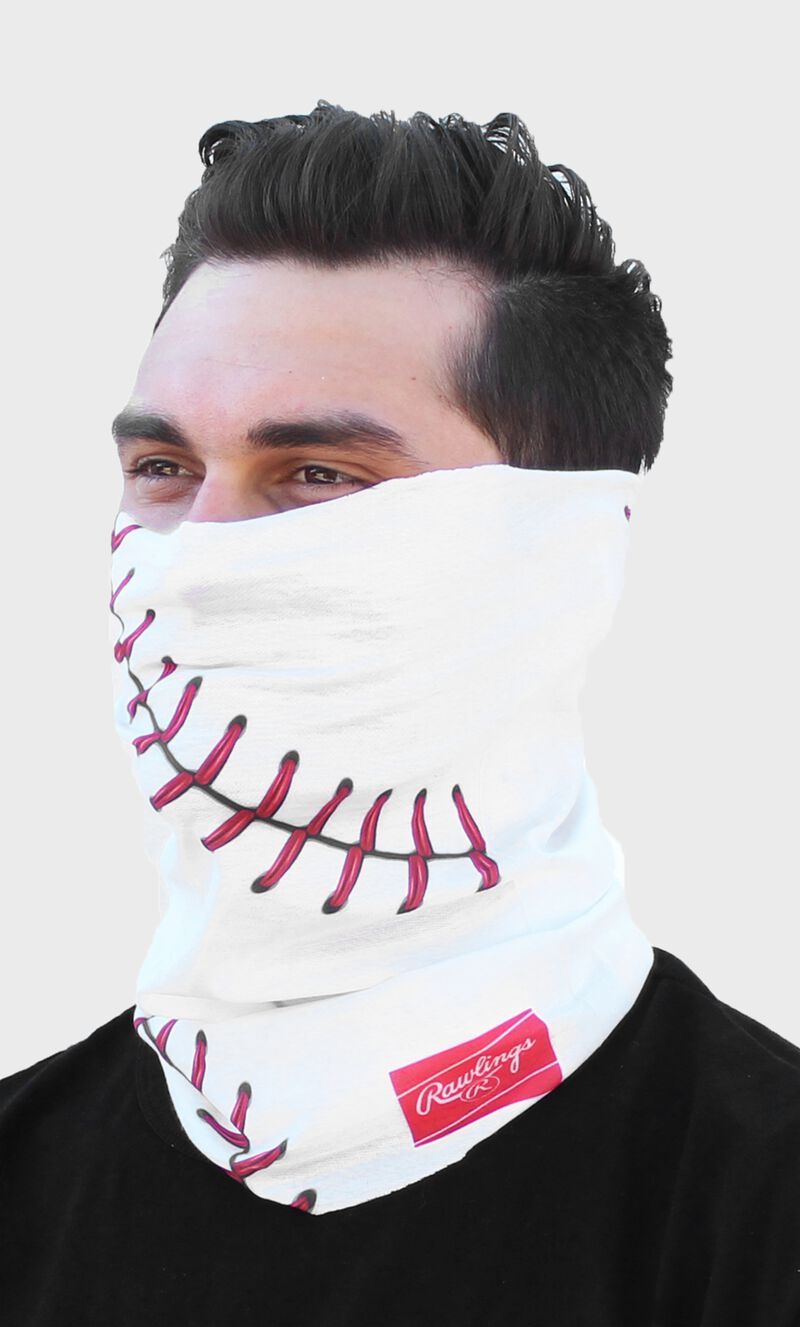 A guy wearing a white baseball stitch Rawlings multi-functional head and face cover over his mouth and nose - SKU: RC40001-100