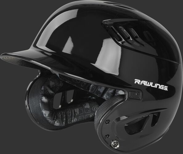 Left angle view of a R1601 gloss Velo helmet with a black clear coat shell