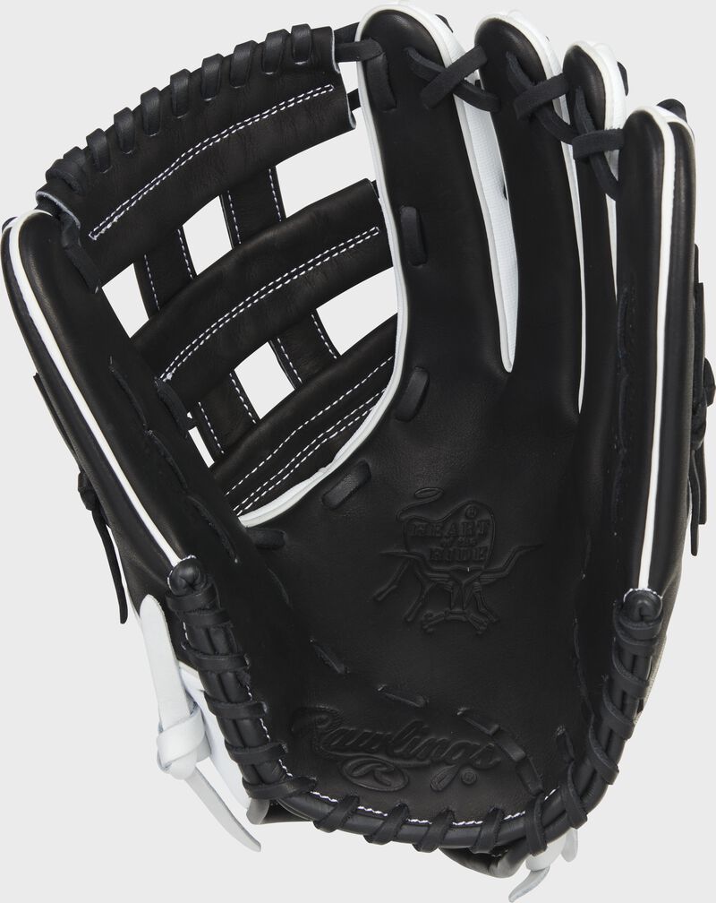 Black palm of a Rawlings Heart of the Hide softball outfield glove with black laces - SKU: PRO1275SB-6BSS