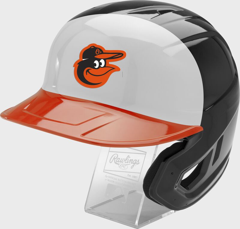 Front left of a black/white/orange Rawlings Baltimore Orioles replica helmet - SKU: MLBMR-BAL
