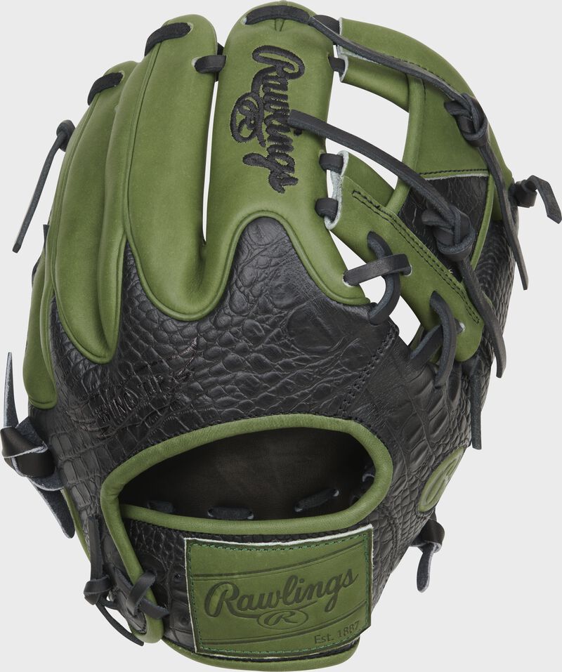 Black croc wing tip back of a Heart of the Hide ColorSync 8.0 11.5" I-web glove with a leather military green Rawlings patch - SKU: PRO204W-2XMG