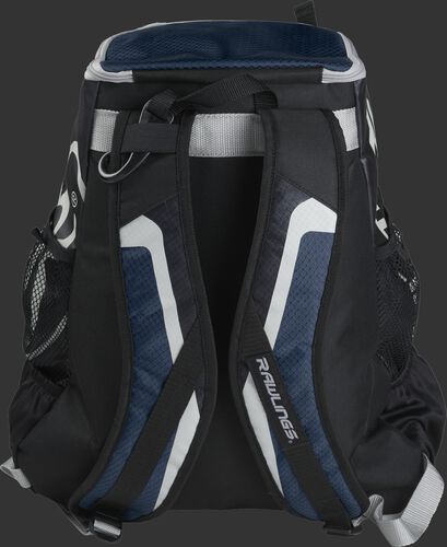 Back of black/navy R500 Players team backpack with black/navy shoulder straps