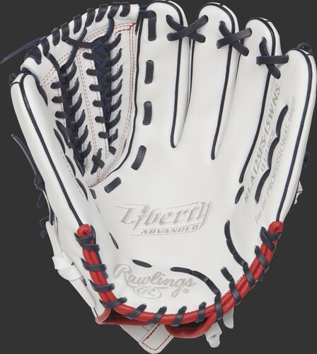 RLA125FS-15WNS Rawlings 12.5-inch softball outfield/pitcher's glove with a white palm and navy laces