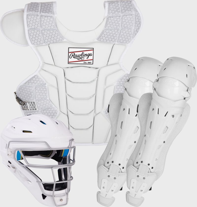 A white Mach catcher's gear set with a white helmet, chest protector and leg guards - SKU: MKITN-W/W
