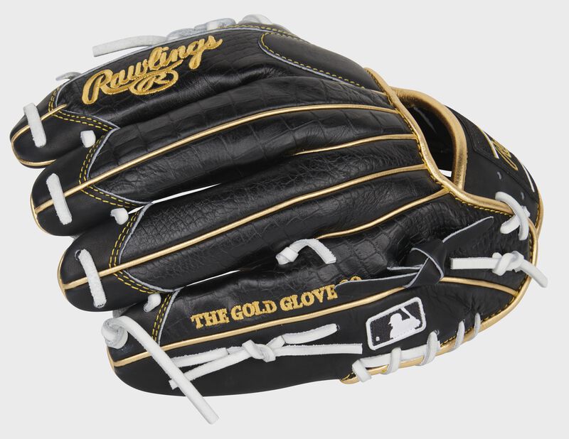 Pinky side of a Rawlings HOH Croc embossed leather glove with the MLB logo on the pinkie - SKU: PRO204-2BCW
