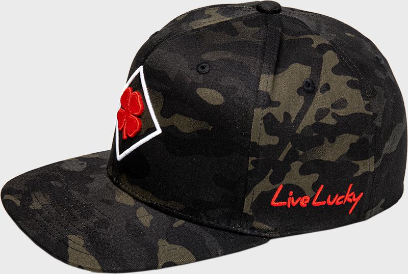 Left-side view of Rawlings Black Clover Diamond MultiCam Fitted Hat - SKU: BCR1DM0071