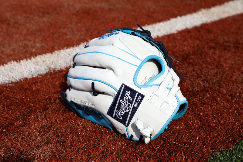 Back view of a Liberty Advanced Color Series 12.5-Inch glove with a navy Rawlings patch on a field - SKU: RLA125-18WCBN